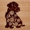 Floral Friends Vector Illustration A small breed dog with a gentle expression sitting on the ground amidst flowers.