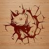 A stylized illustration of a rhino in a safari setting.