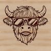 Beautiful SVG Clip Art Cow A Scottish Highland cow wearing sunglasses standing on a grassy field background.