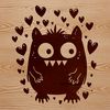 A cute monster character with love hearts surrounding it, suitable for Halloween-themed designs.