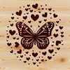 Love Hearted Winged Beauty A colorful butterfly with love hearts on its wings, suitable for gardening and design projects.