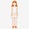 A young girl in a colorful outfit standing against a white background.