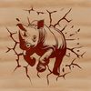 A large rhino standing in a grassy savannah landscape, ready to charge through a wooden wall.