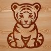 Whimsical Tiger Cub SVG A simple line drawing of a cute tiger cub sitting on the ground.