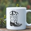 Stylized Rodeo Footwear A pair of rugged cowboy boots with intricate stitching and laces.
