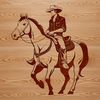 A line art illustration of a cowboy riding a horse, suitable for digital design projects.