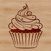 A stylized vector graphic design of a dessert-style cupcake with frosting and decorations.