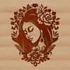 An ornate illustration of the Virgin Mary in a floral-adorned headdress.