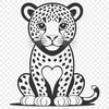 Whimsical Jaguar Portrait with Heartful Details Close-up illustration of a big cat's face with love hearts surrounding its eyes.