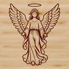 A stylized illustration of a serene angel with wings.