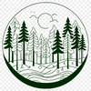 An illustration of a dense forest with multiple trees of various sizes.
