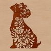 Miniature Schnauzer Dog Silhouette A small dog with a distinctive beard and mustache is sitting in front of a floral pattern.