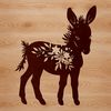 A colorful, standing donkey with floral motifs in the background.