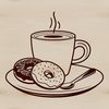 A donut sitting on top of a coffee cup with steaming coffee flowing from the rim.