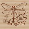 An illustration of a dragonfly in mid-flight, surrounded by floral elements.