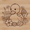 A simple illustration of a duck in a floral setting.
