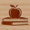 Teacher's Workspace with Apple Theme A digital illustration of an apple book with a teacher's desk and supplies in the background.