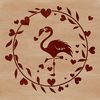 A stylized illustration of a flamingo with ornate details and heart motifs.