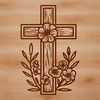 A simple white cross with floral patterns etched into its surface, rendered as a vector design.