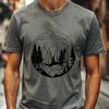 Vector graphic of a dense woodland landscape with trees and greenery.