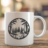 A detailed illustration of a forest landscape with multiple trees, including evergreens and deciduous varieties.