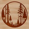 A detailed illustration of a forest landscape with tall trees, depicting various foliage and vegetation.
