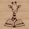 Giraffe Reads a Book on the Savannah A tall, spotted giraffe standing on a savannah, reading a book with its long neck.