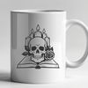 Beautiful Gothic Illustration of a Skull A detailed illustration of a gothic-inspired skull surrounded by a rose, with a candle and book in the background.