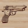 Handgun Illustration with Technical Details A detailed illustration of a handgun with various technical features.