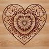 A symmetrical design featuring intricate patterns and lines forming a heart shape in a vibrant, abstract style.