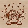 Vector Love Heart Highland Cattle Design Highland cow farm animal with love hearts on its head, vector art design.