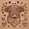 Scottish Heritage Animal Icon Highland cow with heart-shaped decorations on its head, a farm animal commonly found in rural landscapes.