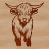 A standing Highland Cow in a rural landscape, depicted as a vector illustration.