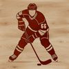 A simple illustration of a hockey player in action on an icy rink.