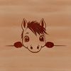 A simplified illustration of a horse with its head peeking out from behind a decorative wall or fence.