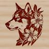A portrait of a Siberian Husky dog with a floral pattern on its fur.
