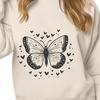 A colorful butterfly with love hearts surrounding its body, suitable for gardening and craft projects.
