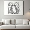 Whimsical Skeleton Romance A stylized illustration of love skeletons surrounded by floral elements in a romantic setting.
