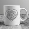 Sacred Heart Design in Intricate Patterns A detailed mandala design in the shape of a heart, created with intricate patterns and symbols.