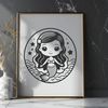 Lovely Sea Siren Artwork Illustration of a mythical mermaid with flowing locks of hair and shimmering tail.