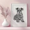 A high-quality illustration of a small-sized dog breed, specifically the Miniature Schnauzer, sitting in a relaxed pose.