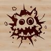 A cartoon monster breaking through a wall with a playful expression.
