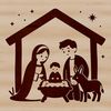 A traditional illustration of the Nativity scene with Mary, Joseph, and baby Jesus surrounded by animals in a rural setting.