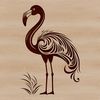 A colorful illustration of a single flamingo standing in shallow water.