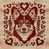 Welsh Corgi with Floral Patterns A friendly Welsh Corgi breed dog with ornate floral patterns on its head.