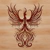 Fiery Mythical Bird in Flight A stylized illustration of a mythical phoenix with fiery plumage and outstretched wings.