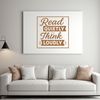 A minimalist illustration of a person reading book quotes with a subtle background.