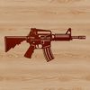 A detailed illustration of a modern assault rifle with various features and components highlighted.