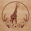 Tall Spotted Giraffe in a Savannah Landscape An illustration of a tall, spotted giraffe standing in a savannah landscape with acacia trees and wildflowers.