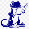 Amphibian Bibliophile Illustration A green salamander sitting on a stack of books, reading a large book in its hands.